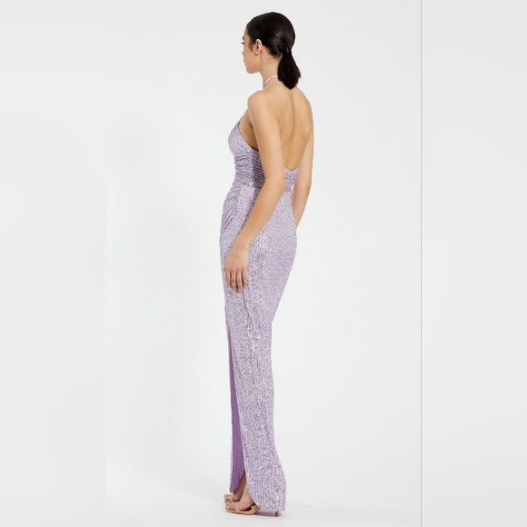 Mac Duggal Gathered Sequined Halter Gown- Lilac - Picture 3 of 11